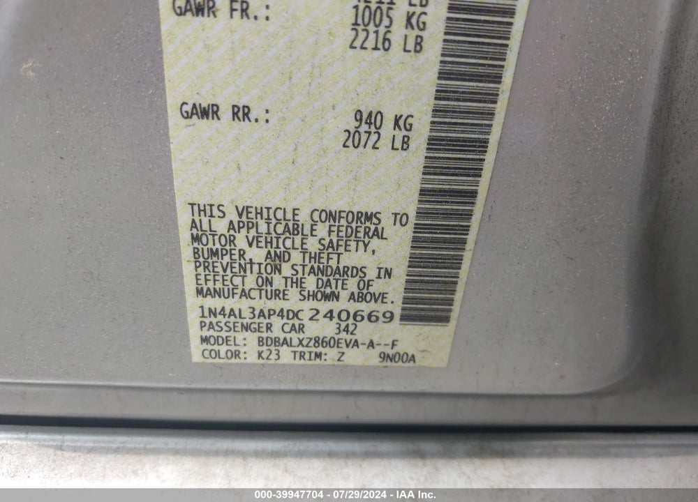 2013 NISSAN ALTIMA VIN: 1N4AL3AP4DC240669