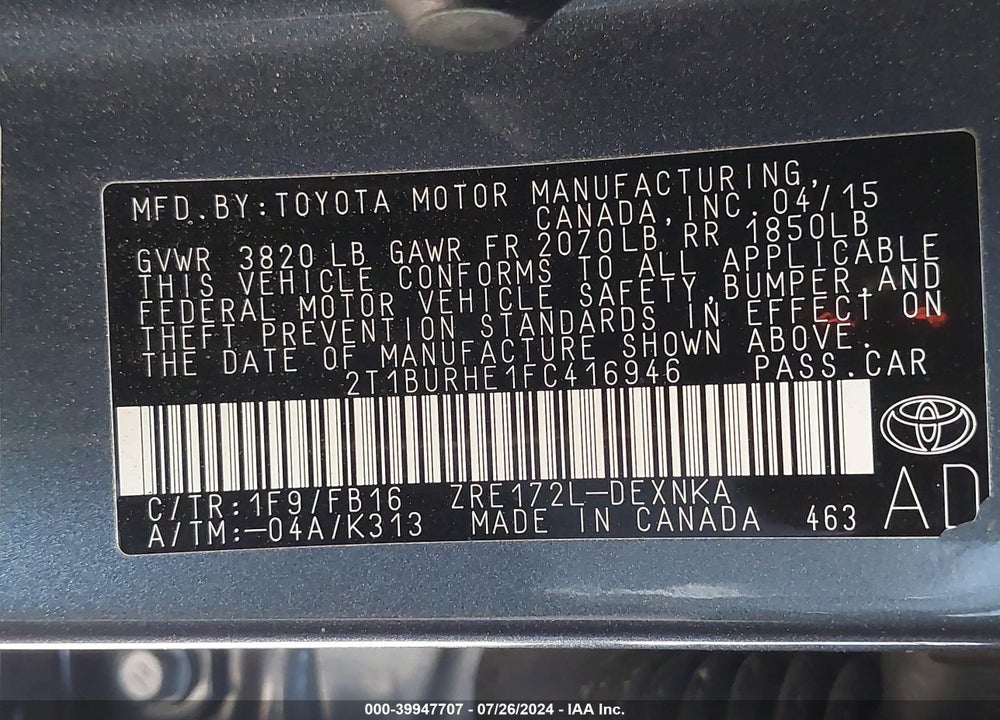 2015 TOYOTA COROLLA LE VIN: 2T1BURHE1FC416946