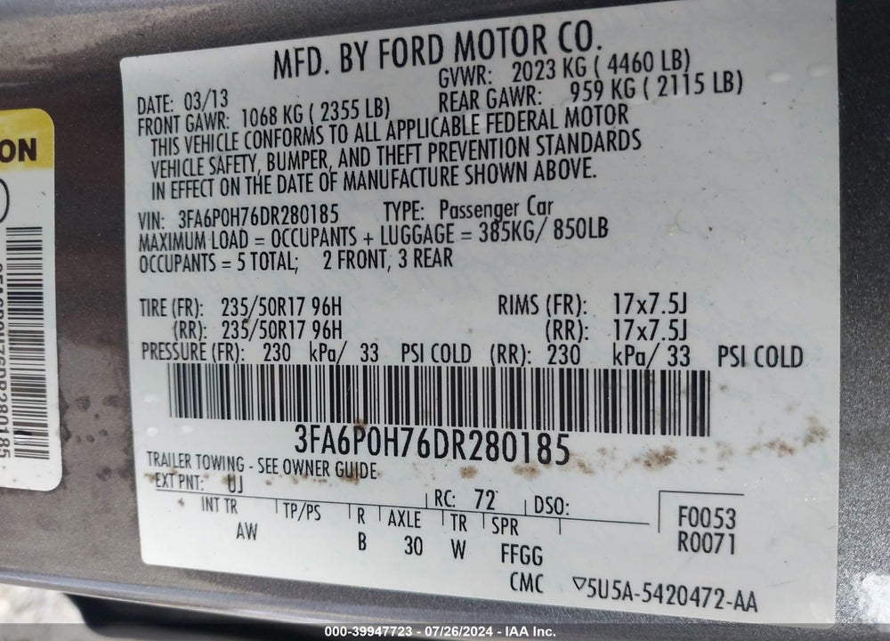 2013 FORD FUSION SE VIN: 3FA6P0H76DR280185