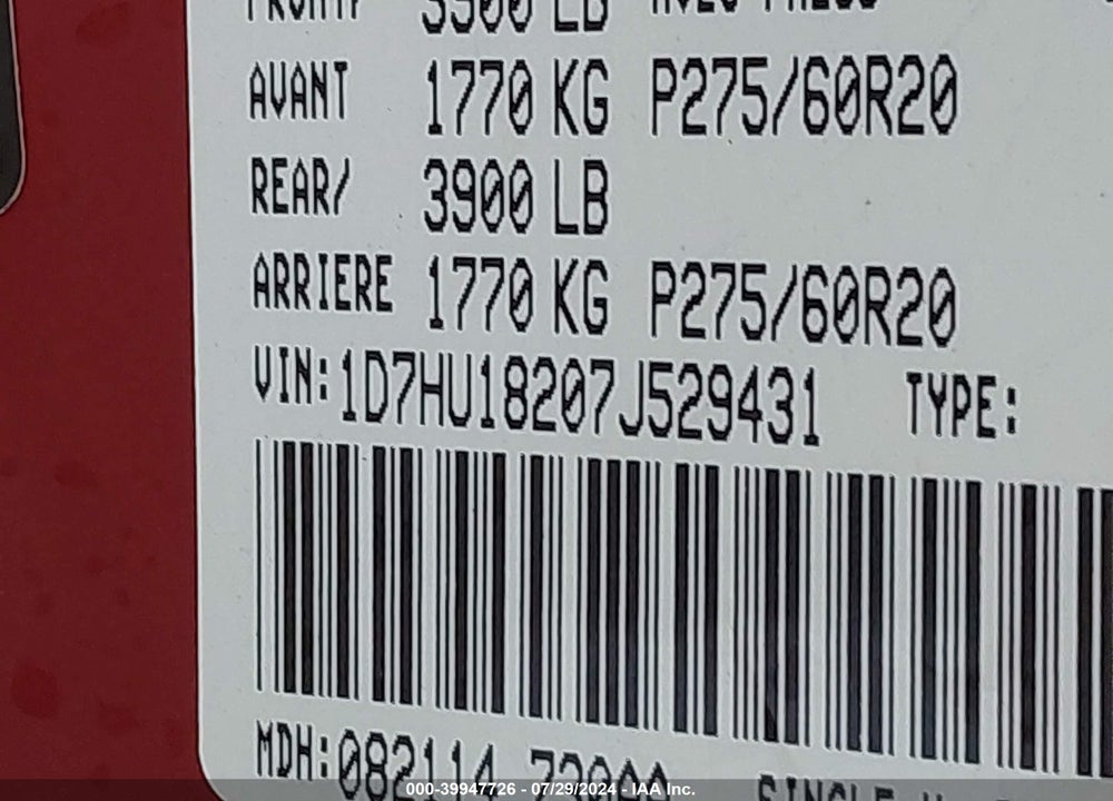 2007 DODGE RAM 1500 VIN: 1D7HU18207J529431