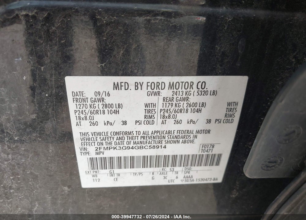 2016 FORD EDGE SE VIN: 2FMPK3G94GBC58914