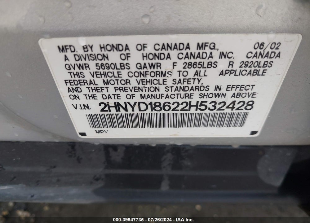 2002 ACURA MDX VIN: 2HNYD18622H532428