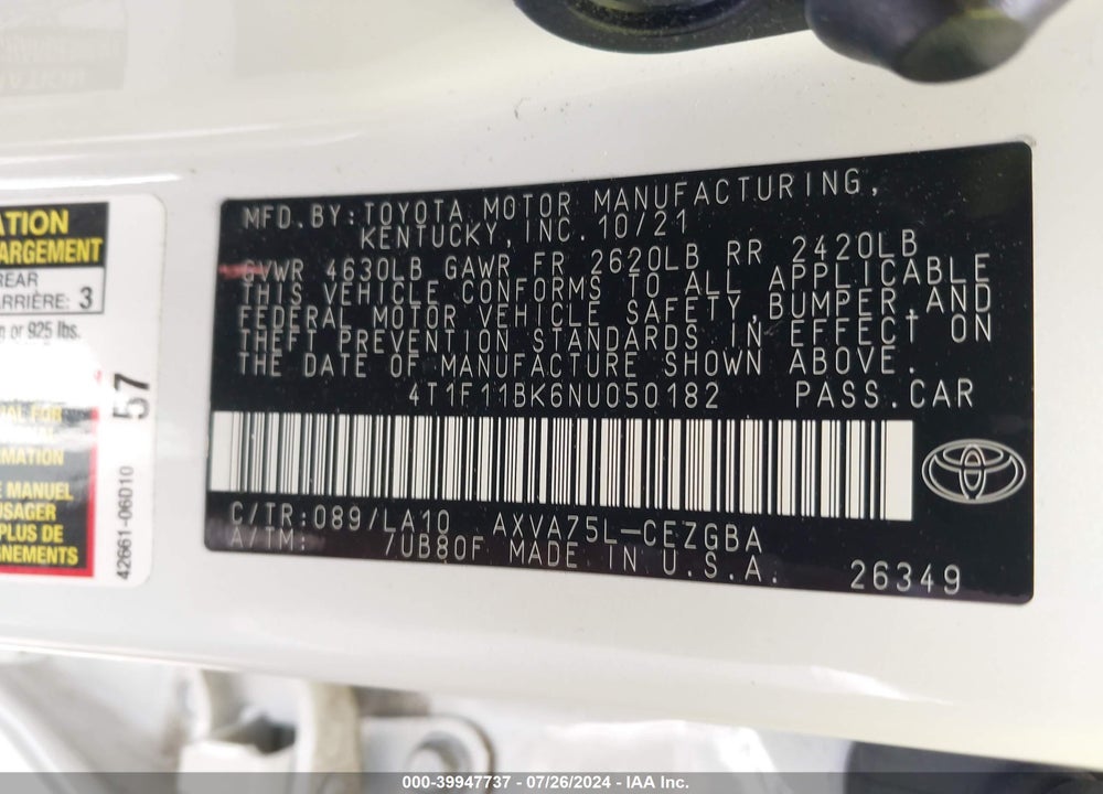 2022 TOYOTA CAMRY XLE AWD VIN: 4T1F11BK6NU050182