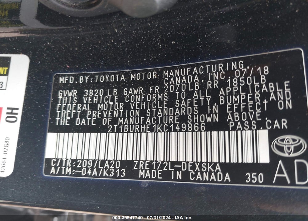 2019 TOYOTA COROLLA XSE VIN: 2T1BURHE1KC149866