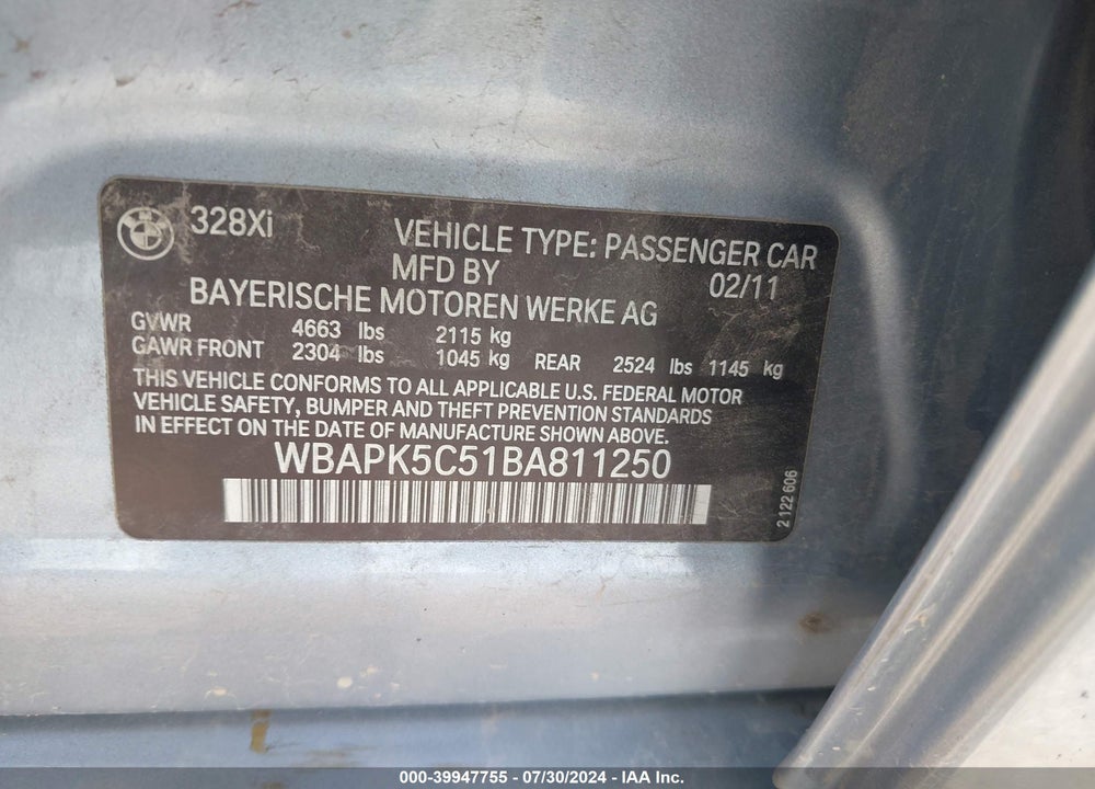 2011 BMW 328I XDRIVE VIN: WBAPK5C51BA811250
