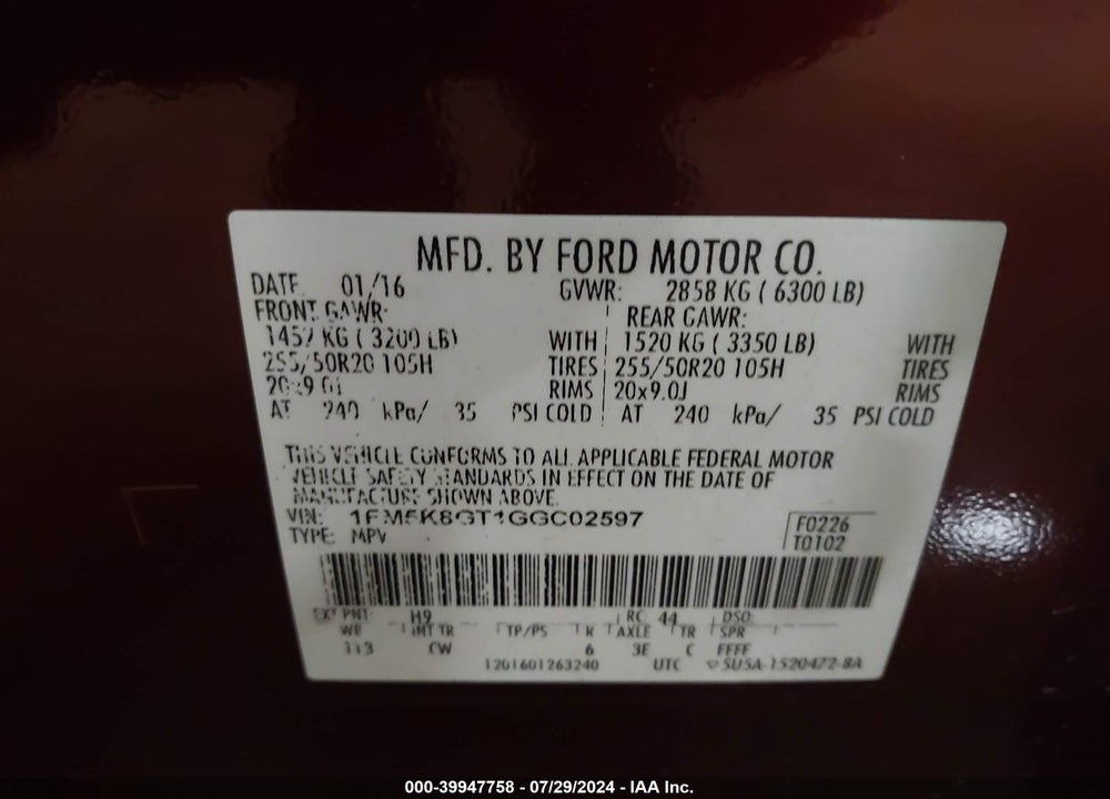 2016 FORD EXPLORER SPORT VIN: 1FM5K8GT1GGC02597
