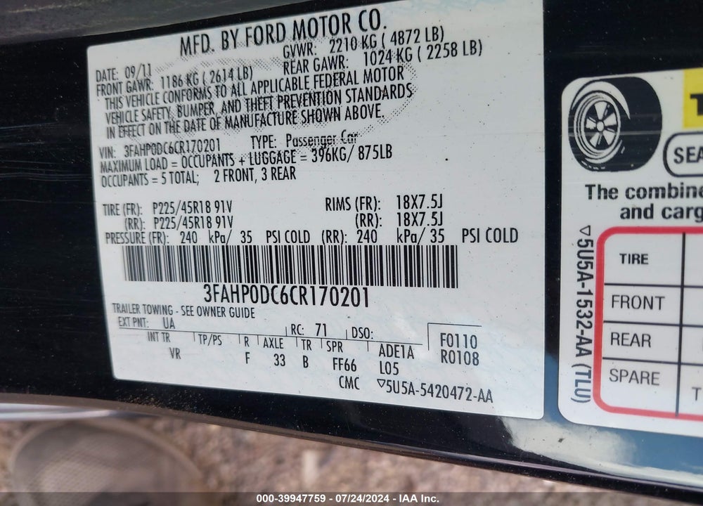2012 FORD FUSION SPORT VIN: 3FAHP0DC6CR170201