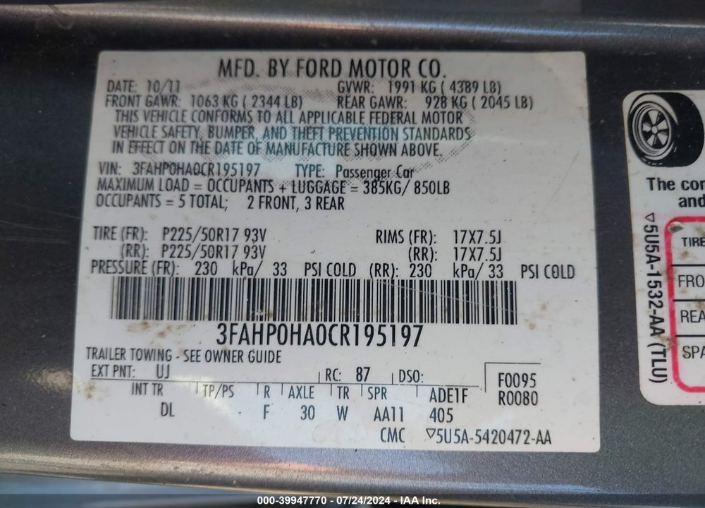 2012 FORD FUSION SE VIN: 3FAHP0HA0CR195197