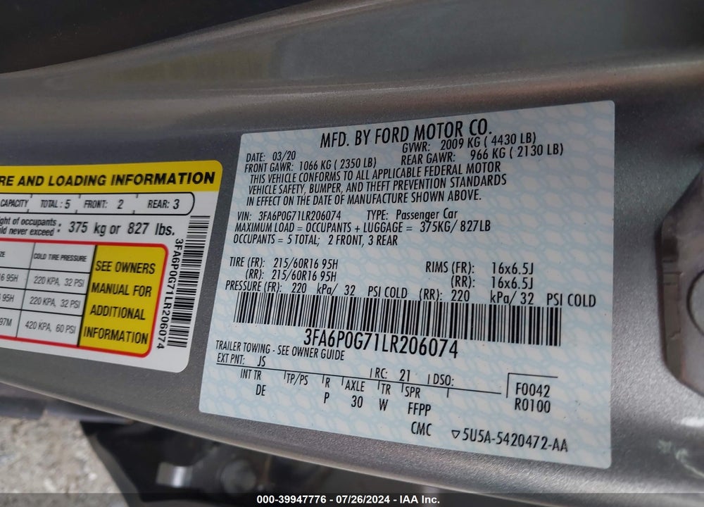 2020 FORD FUSION S VIN: 3FA6P0G71LR206074