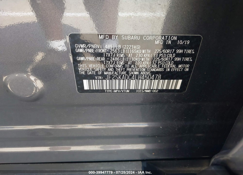 2020 SUBARU FORESTER VIN: JF2SKADC4LH450478