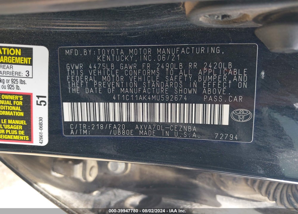 2021 TOYOTA CAMRY LE VIN: 4T1C11AK4MU592674