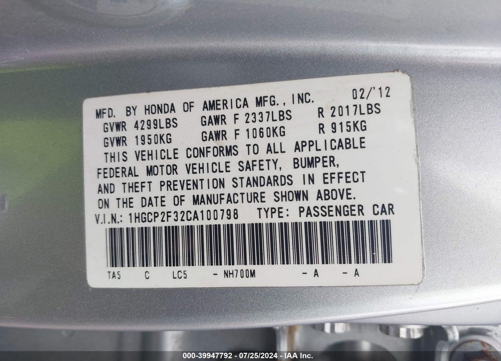 2012 HONDA ACCORD 2.4 LX VIN: 1HGCP2F32CA100798