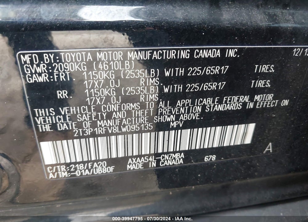 2020 TOYOTA RAV4 XLE VIN: 2T3P1RFV8LW095135