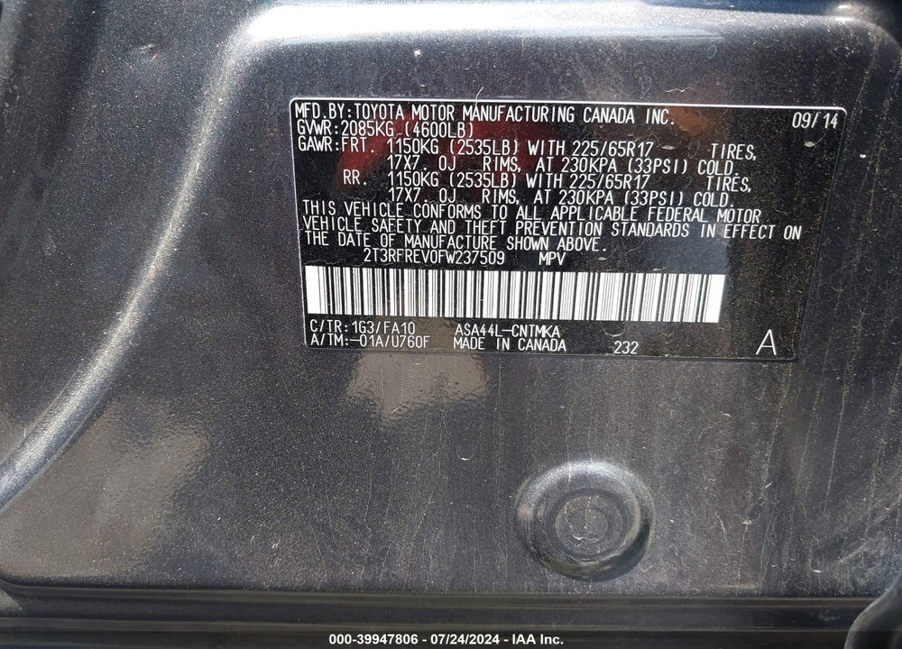 2015 TOYOTA RAV4 XLE VIN: 2T3RFREV0FW237509
