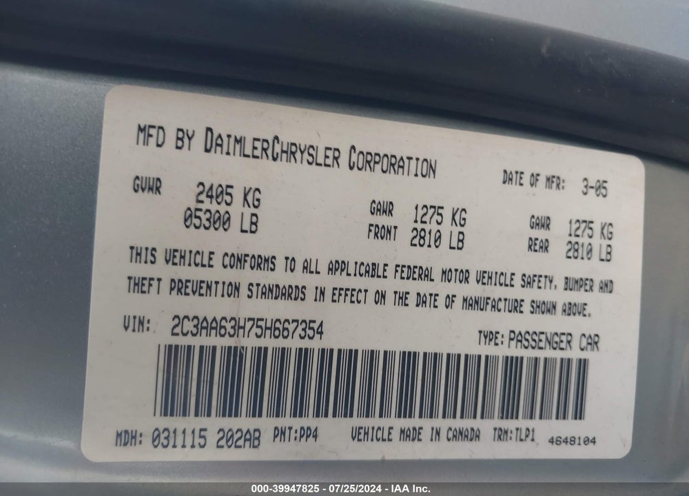2005 CHRYSLER 300C VIN: 2C3AA63H75H667354