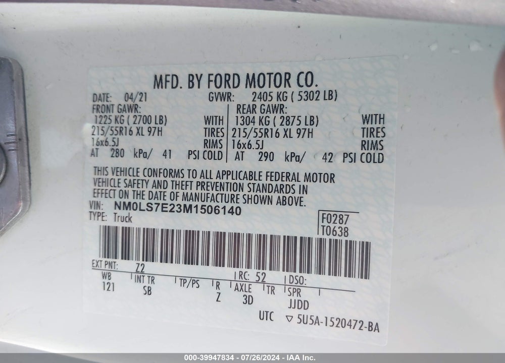 2021 FORD TRANSIT CONNECT XL VIN: NM0LS7E23M1506140
