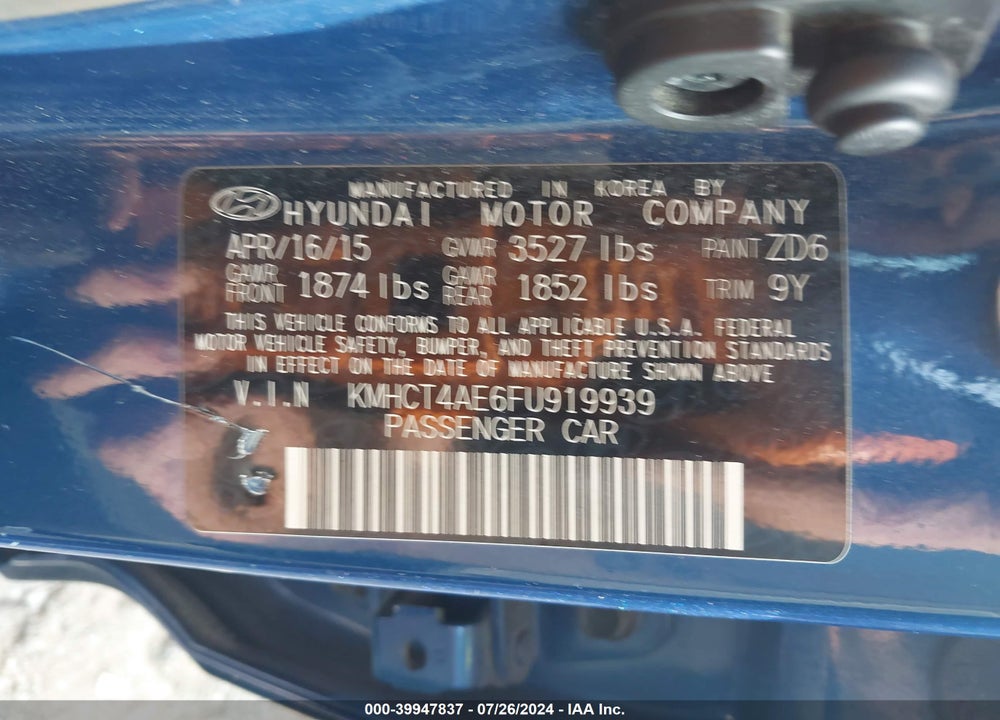 2015 HYUNDAI ACCENT GLS VIN: KMHCT4AE6FU919939