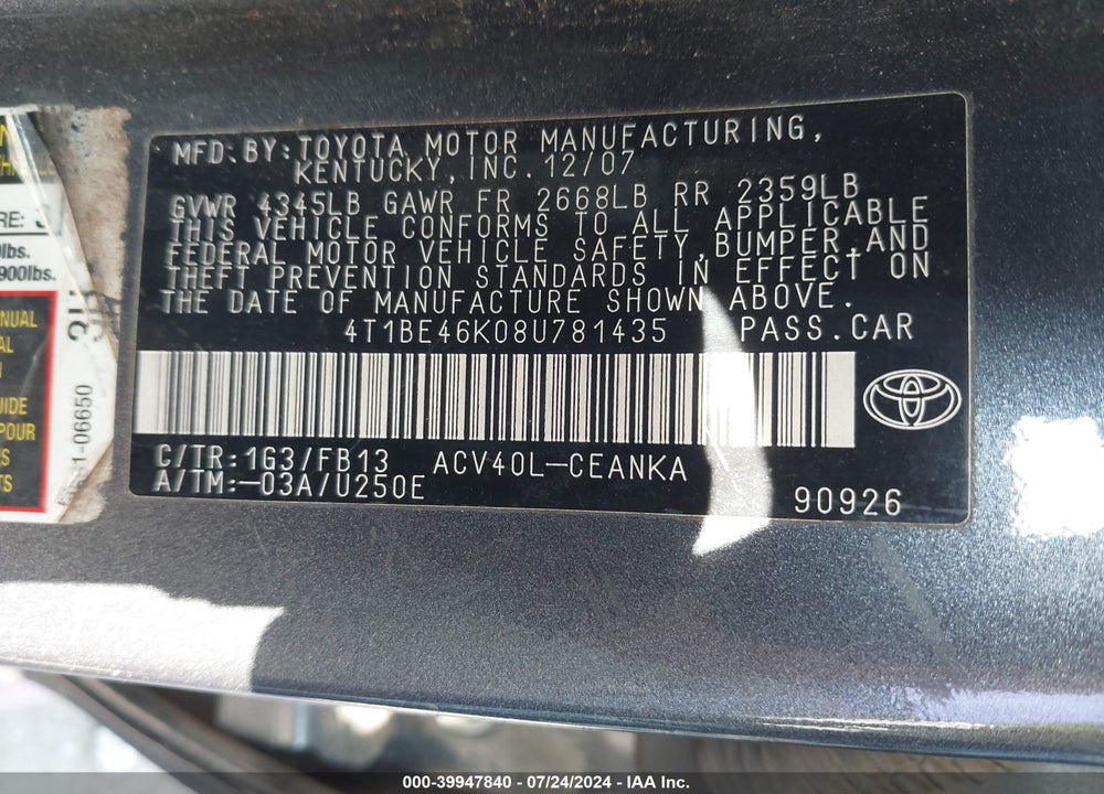 2008 TOYOTA CAMRY LE/SE/XLE VIN: 4T1BE46K08U781435
