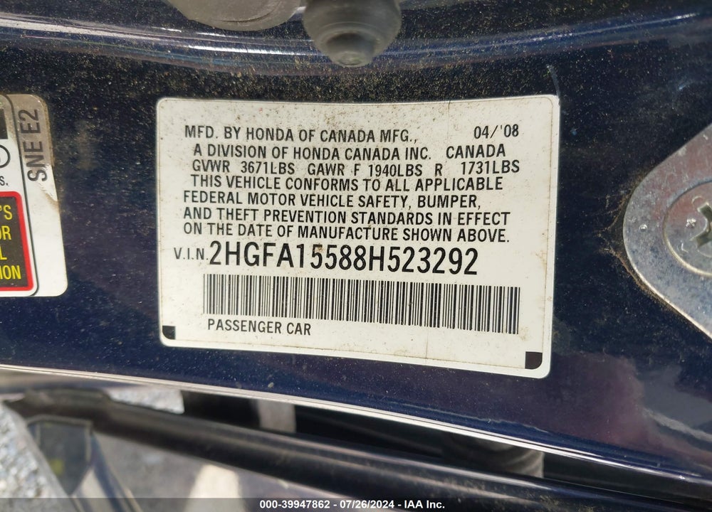 2008 HONDA CIVIC LX VIN: 2HGFA15588H523292
