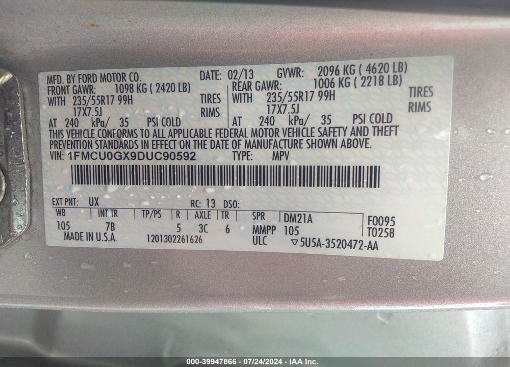 2013 FORD ESCAPE SE VIN: 1FMCU0GX9DUC90592