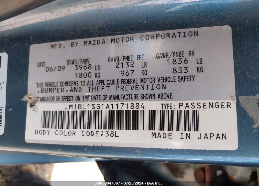 2010 MAZDA 3 I TOURING VIN: JM1BL1SG1A1171884