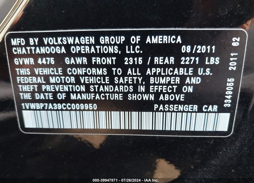 2012 VOLKSWAGEN PASSAT 2.5L SE VIN: 1VWBP7A39CC009950