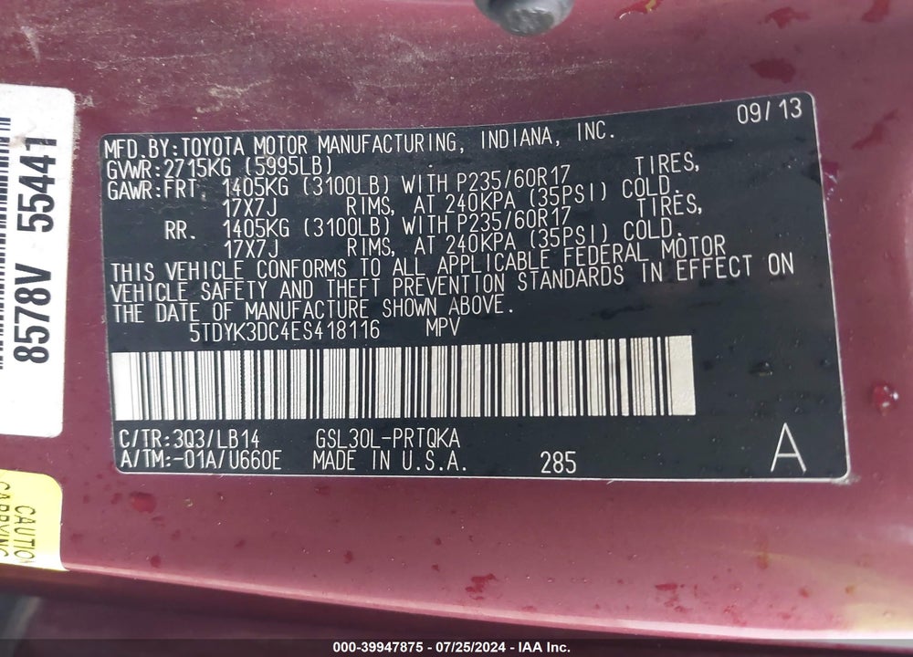 2014 TOYOTA SIENNA XLE V6 8 PASSENGER VIN: 5TDYK3DC4ES418116