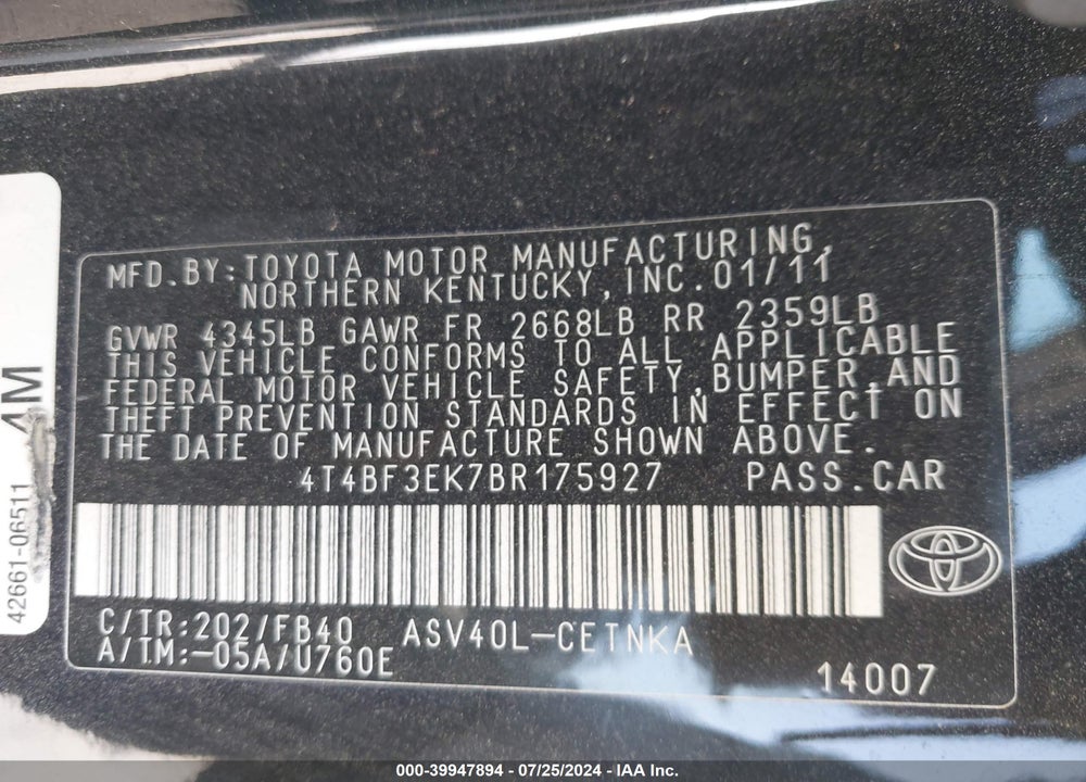 2011 TOYOTA CAMRY LE/SE/XLE VIN: 4T4BF3EK7BR175927