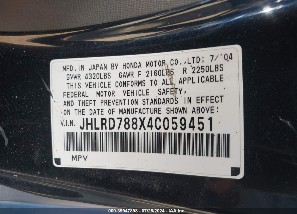2004 HONDA CR-V EX VIN: JHLRD788X4C059451