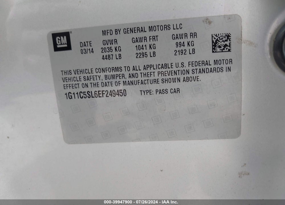 2014 CHEVROLET MALIBU 1LT VIN: 1G11C5SL6EF249450