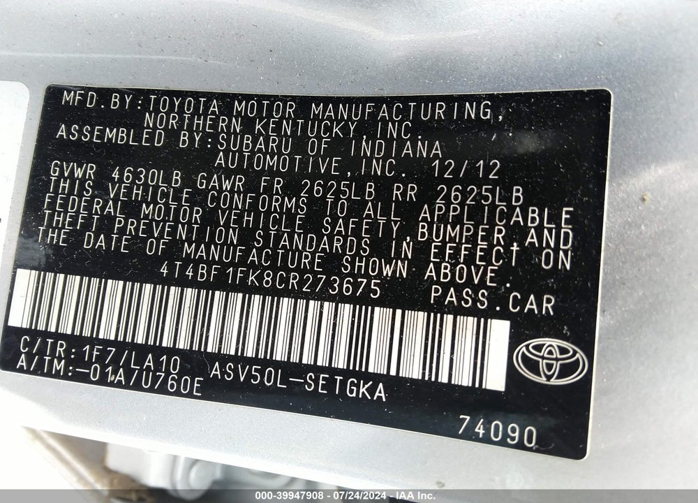 2012 TOYOTA CAMRY XLE VIN: 4T4BF1FK8CR273675