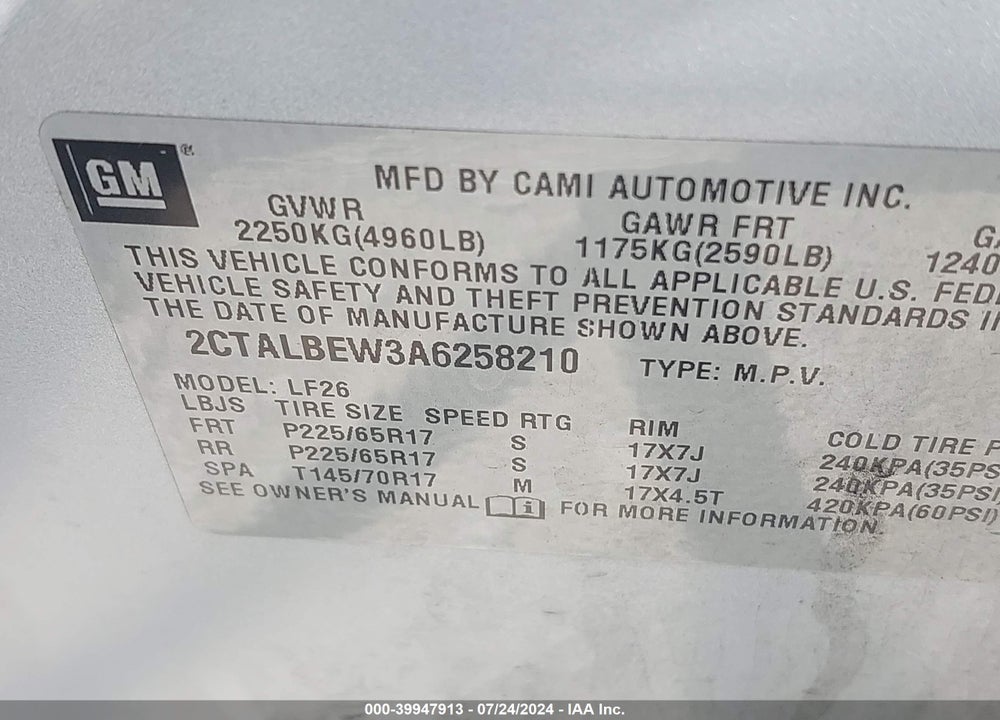 2010 GMC TERRAIN SLE-1 VIN: 2CTALBEW3A6258210