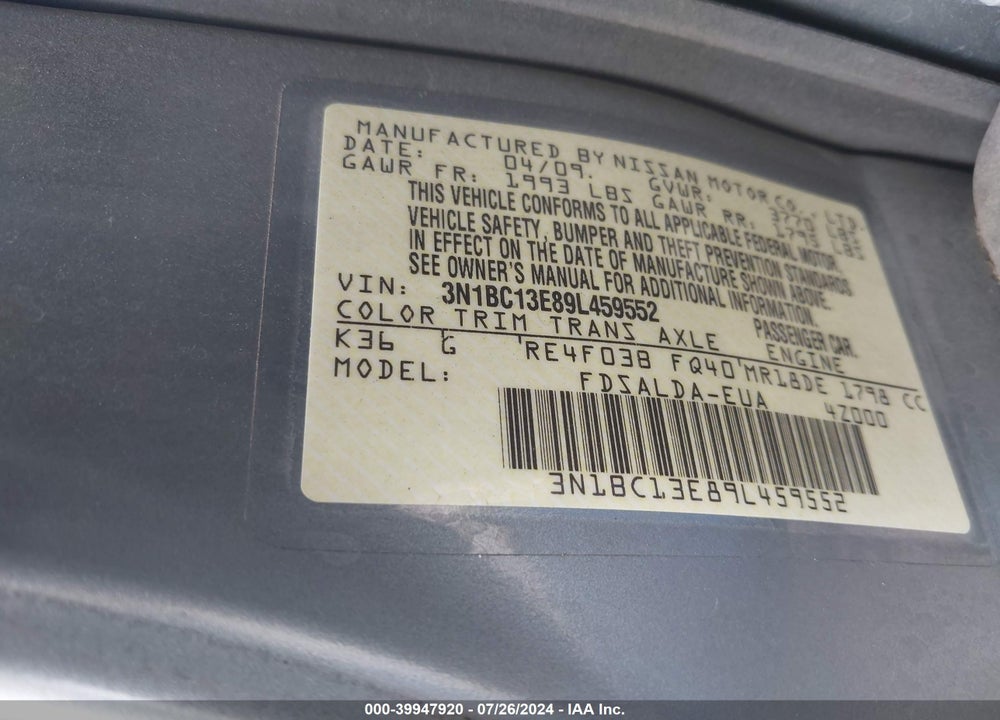 2009 NISSAN VERSA 1.8S VIN: 3N1BC13E89L459552