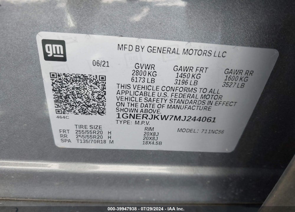 2021 CHEVROLET TRAVERSE FWD RS VIN: 1GNERJKW7MJ244061