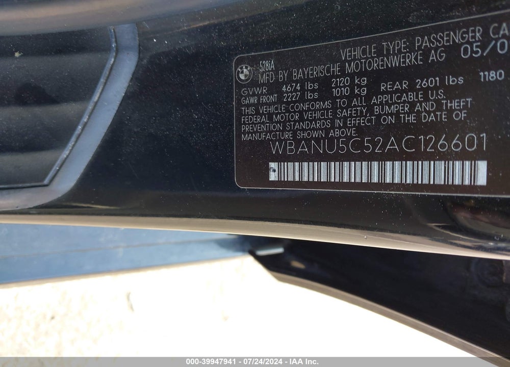 2010 BMW 528I VIN: WBANU5C52AC126601