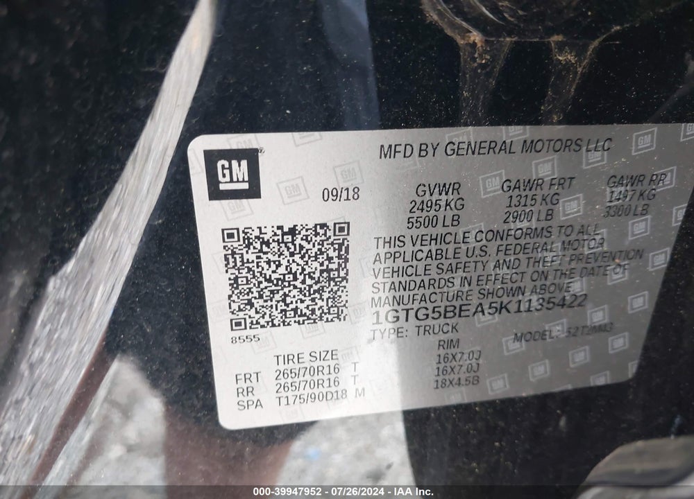 2019 GMC CANYON VIN: 1GTG5BEA5K1135422