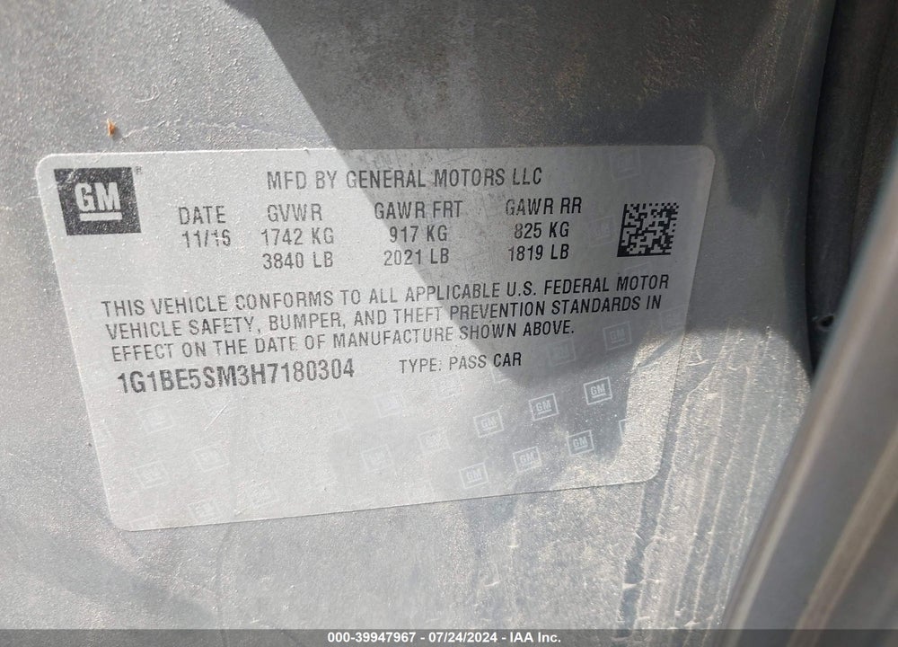 2017 CHEVROLET CRUZE LT AUTO VIN: 1G1BE5SM3H7180304