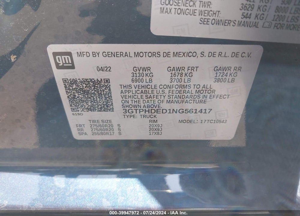 2022 GMC SIERRA 1500 2WD SHORT BOX SLT VIN: 3GTPHDED1NG561417