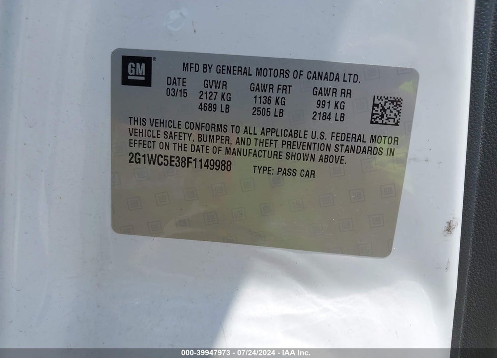 2015 CHEVROLET IMPALA LIMITED LTZ VIN: 2G1WC5E38F1149988