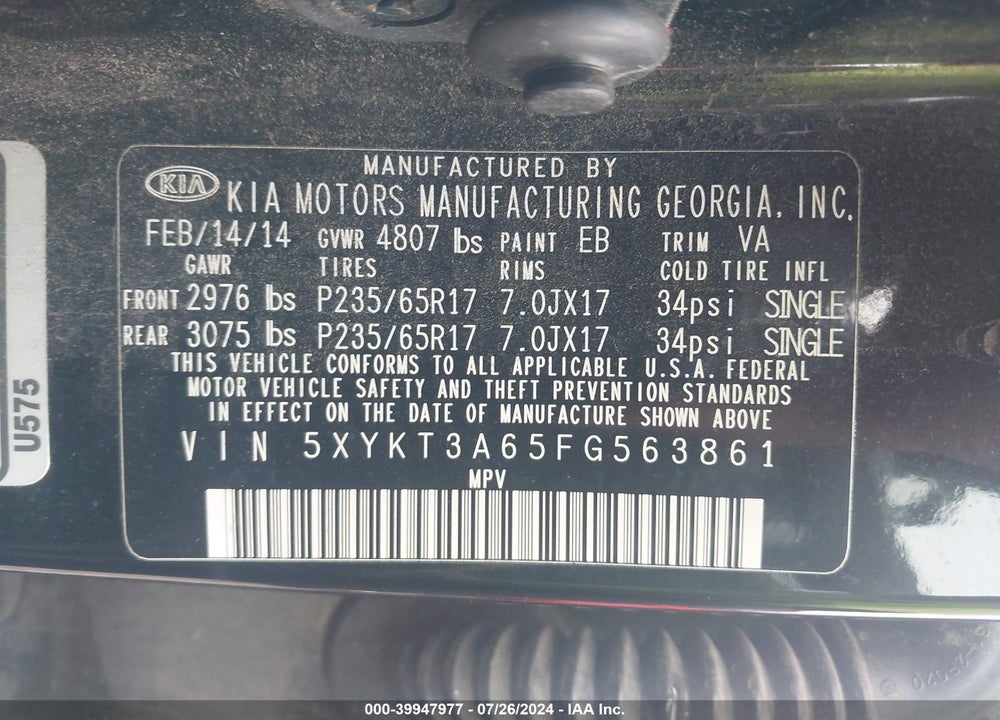 2015 KIA SORENTO LX VIN: 5XYKT3A65FG563861