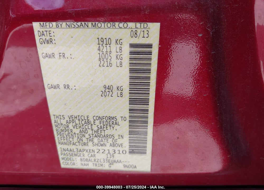 2014 NISSAN ALTIMA 2.5 S VIN: 1N4AL3APXEN221310