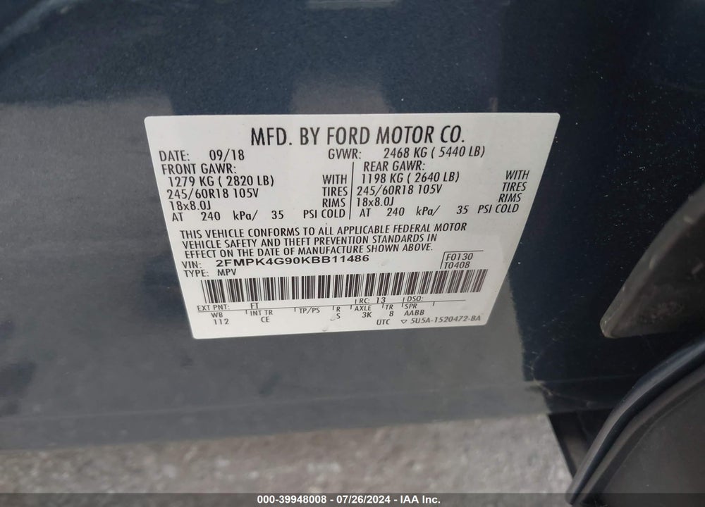 2019 FORD EDGE SE VIN: 2FMPK4G90KBB11486