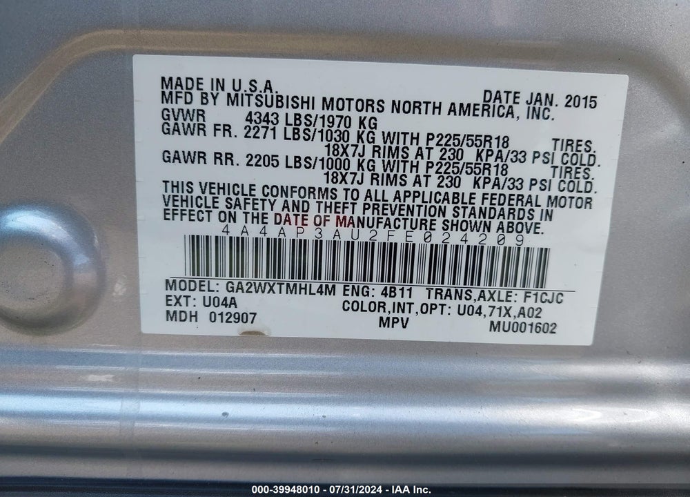 2015 MITSUBISHI OUTLANDER SPORT ES VIN: 4A4AP3AU2FE024209