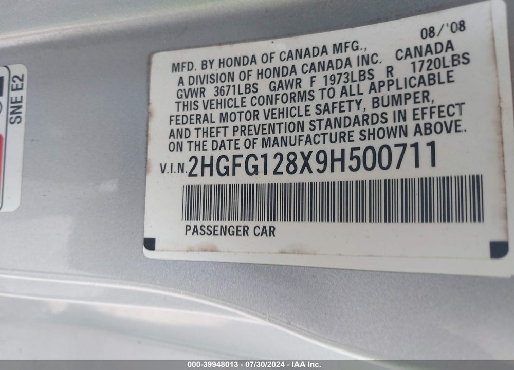 2009 HONDA CIVIC EX VIN: 2HGFG128X9H500711