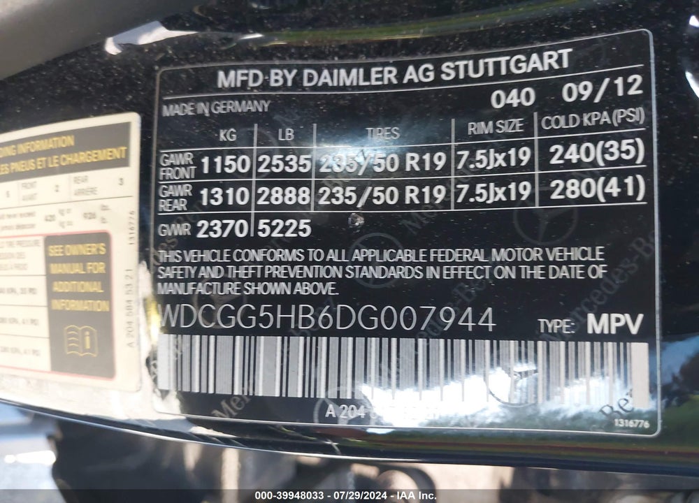 2013 MERCEDES-BENZ GLK 350 VIN: WDCGG5HB6DG007944