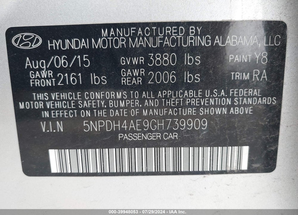 2016 HYUNDAI ELANTRA SE VIN: 5NPDH4AE9GH739909