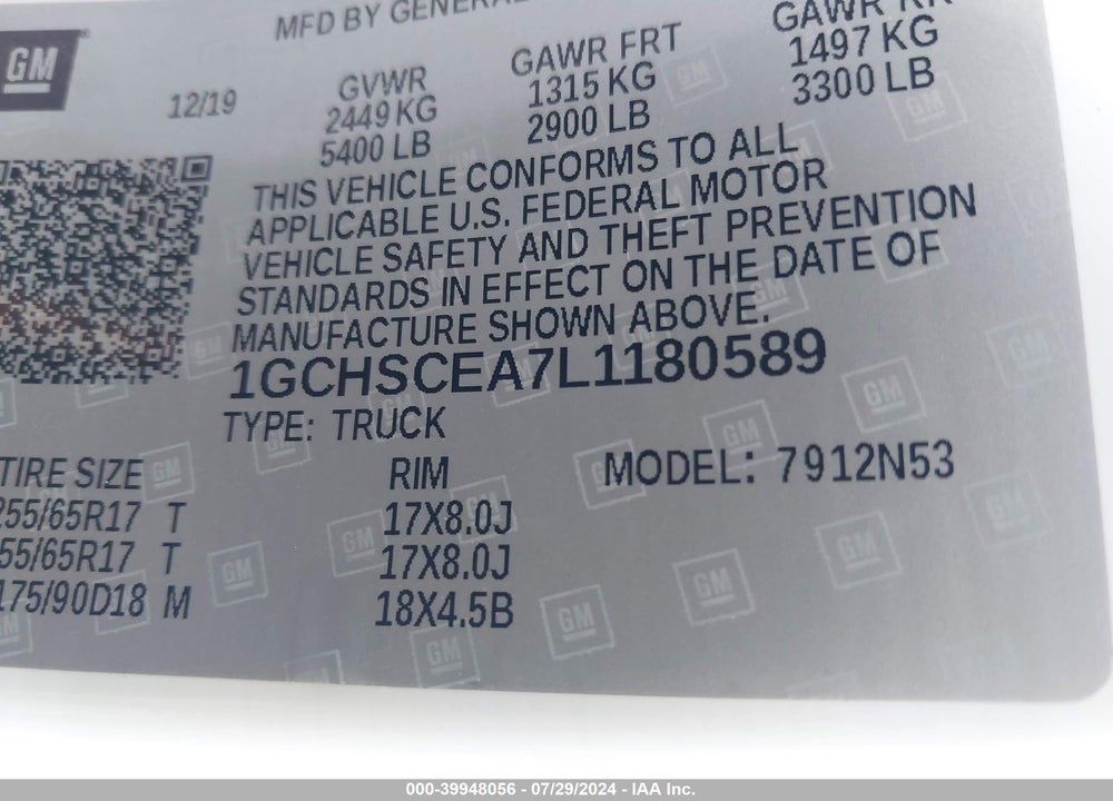 2020 CHEVROLET COLORADO 2WD LONG BOX LT VIN: 1GCHSCEA7L1180589