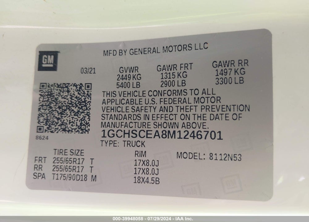 2021 CHEVROLET COLORADO 2WD LONG BOX LT VIN: 1GCHSCEA8M1246701