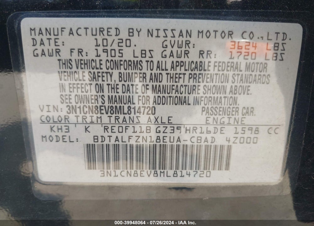 2021 NISSAN VERSA SV XTRONIC CVT VIN: 3N1CN8EV8ML814720