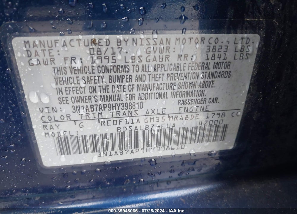 2017 NISSAN SENTRA S VIN: 3N1AB7AP9HY398610